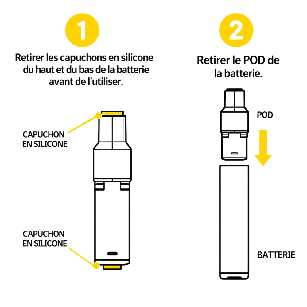 Première utilisation de la cartouche Wpuff 2.0 : retirer les capuchons en silicone puis insérer la cartouche dans la batterie Wpuff 2.0