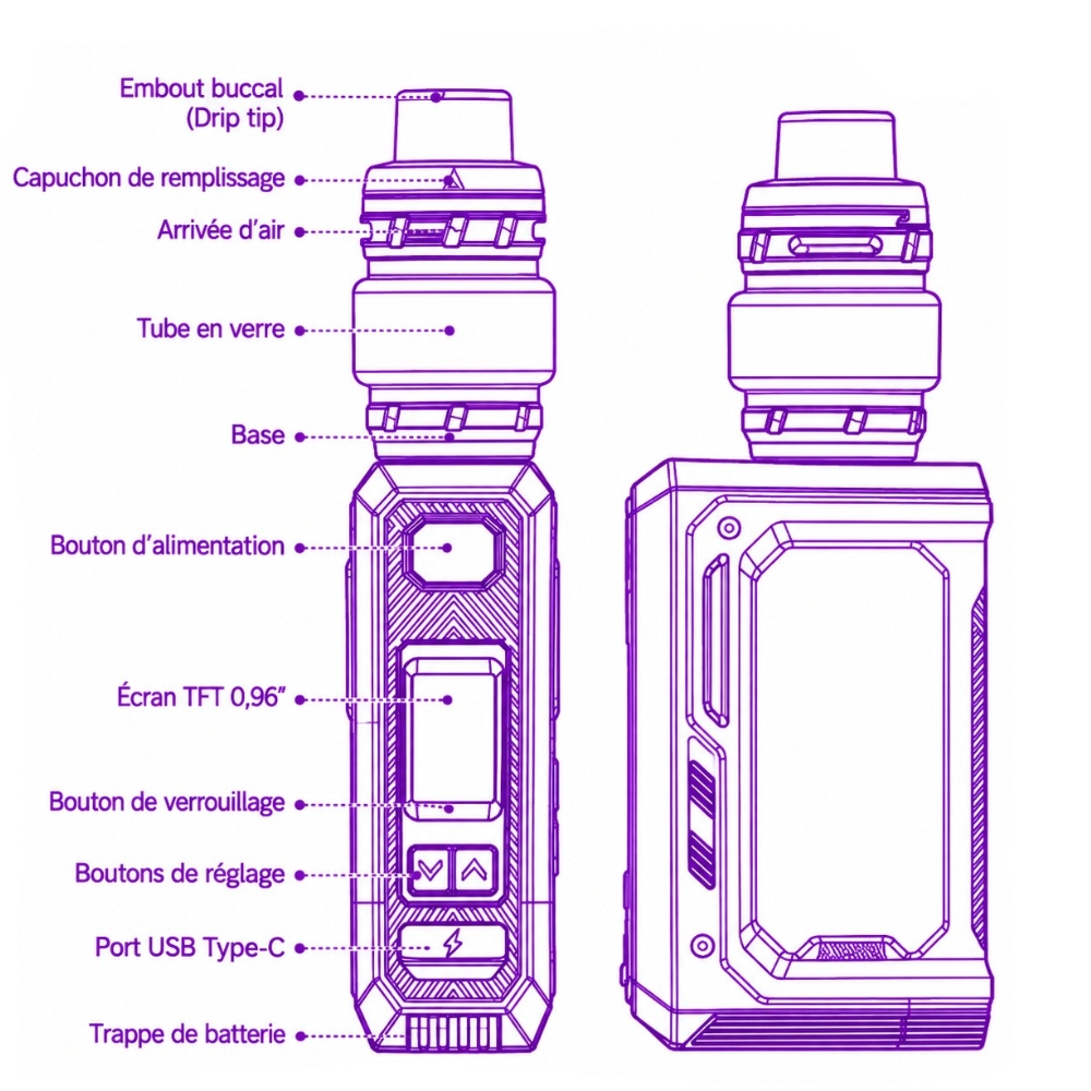 Schéma du kit Vaporesso Armour Octa : embout buccal, capuchon de remplissage, arrivée d'air, tube en verre, base, bouton d'alimentation, écran TFT, bouton de verrouillage, boutons de réglage, port USB Type-C et trappe de batterie