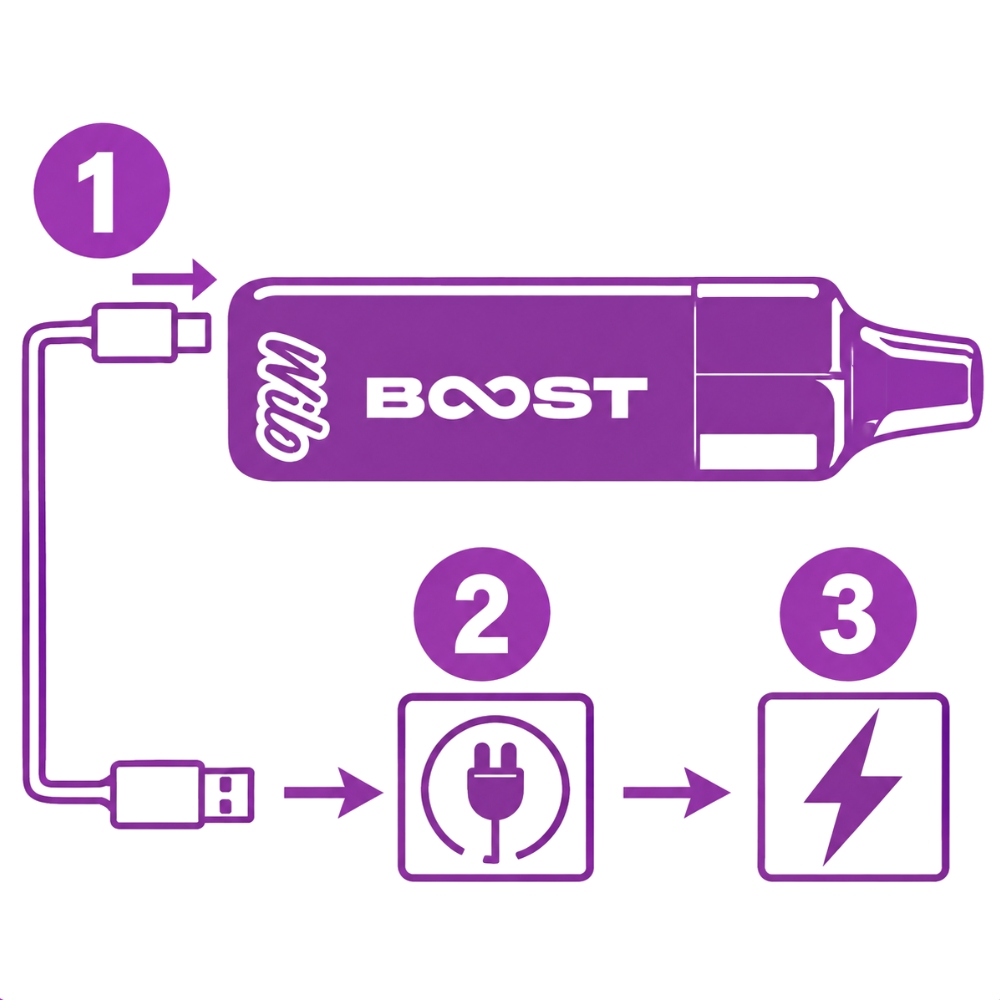 Recharge de la batterie WILO BOOST avec un câble USB-C branché sur une prise électrique ou un ordinateur