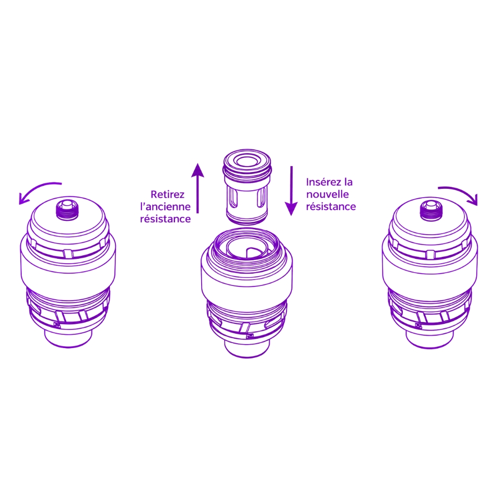 Remplacement de la résistance GTi du clearomiseur Vaporesso iTank T : dévisser la base, retirer l'ancienne résistance, insérer la nouvelle puis revisser