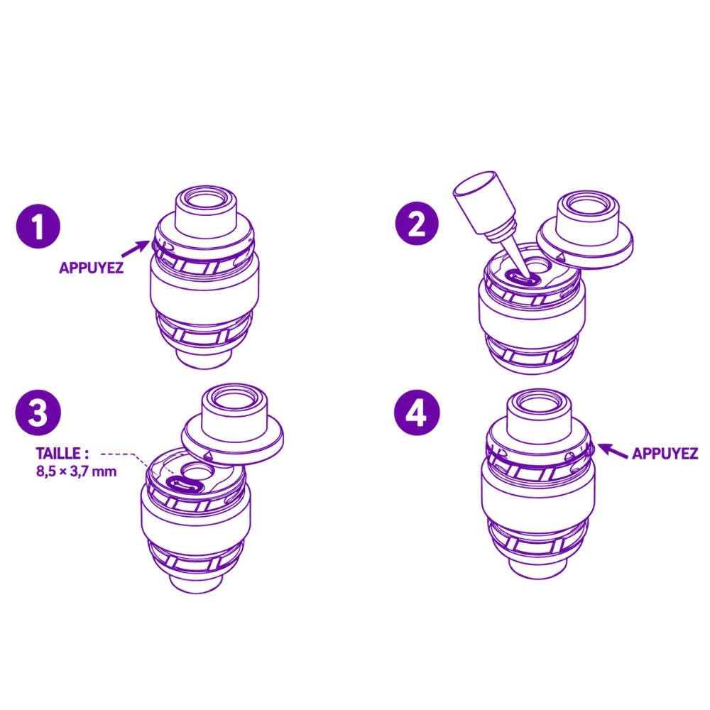 Remplissage du clearomiseur Vaporesso iTank T : appuyer pour ouvrir le capuchon, verser l'e-liquide dans l'orifice de 8,5 × 3,7 mm, puis refermer