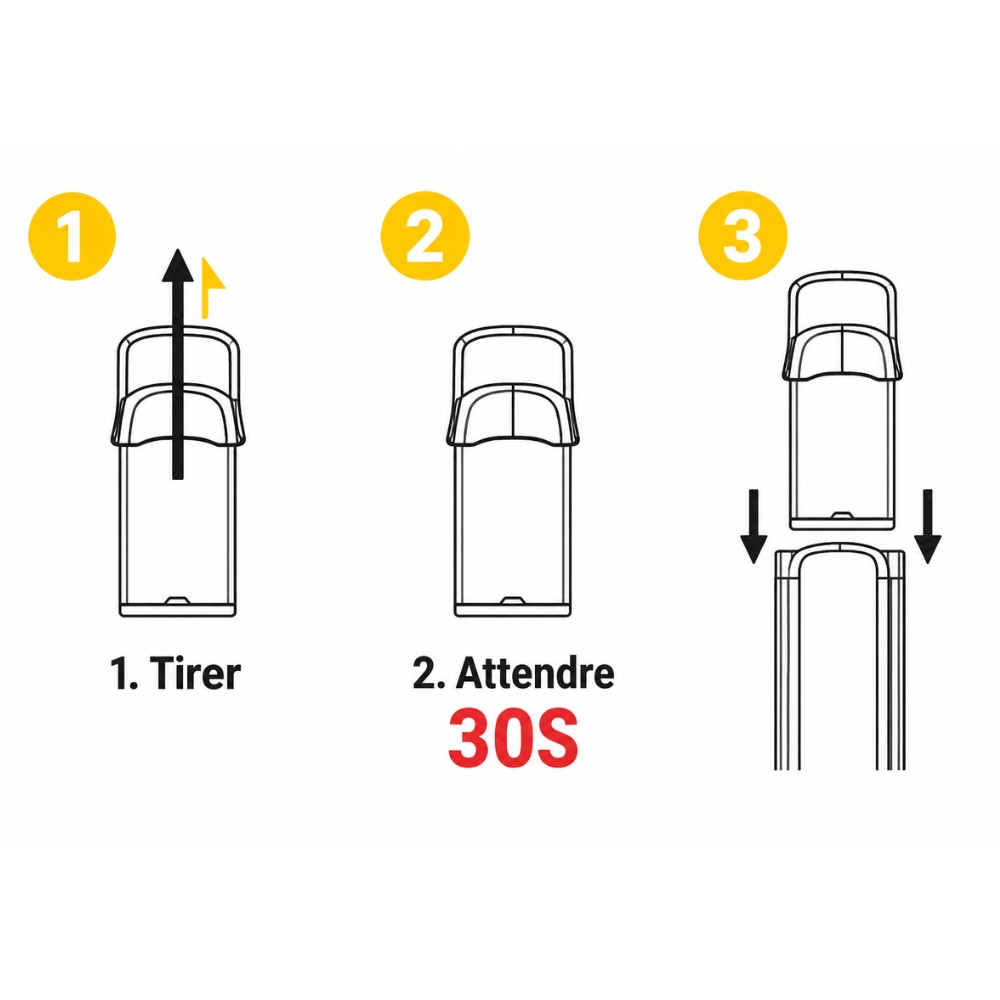 Première utilisation d'une cartouche SKE Crystal Plus : tirer le bouchon, attendre 30 secondes, puis insérer la cartouche sur la batterie